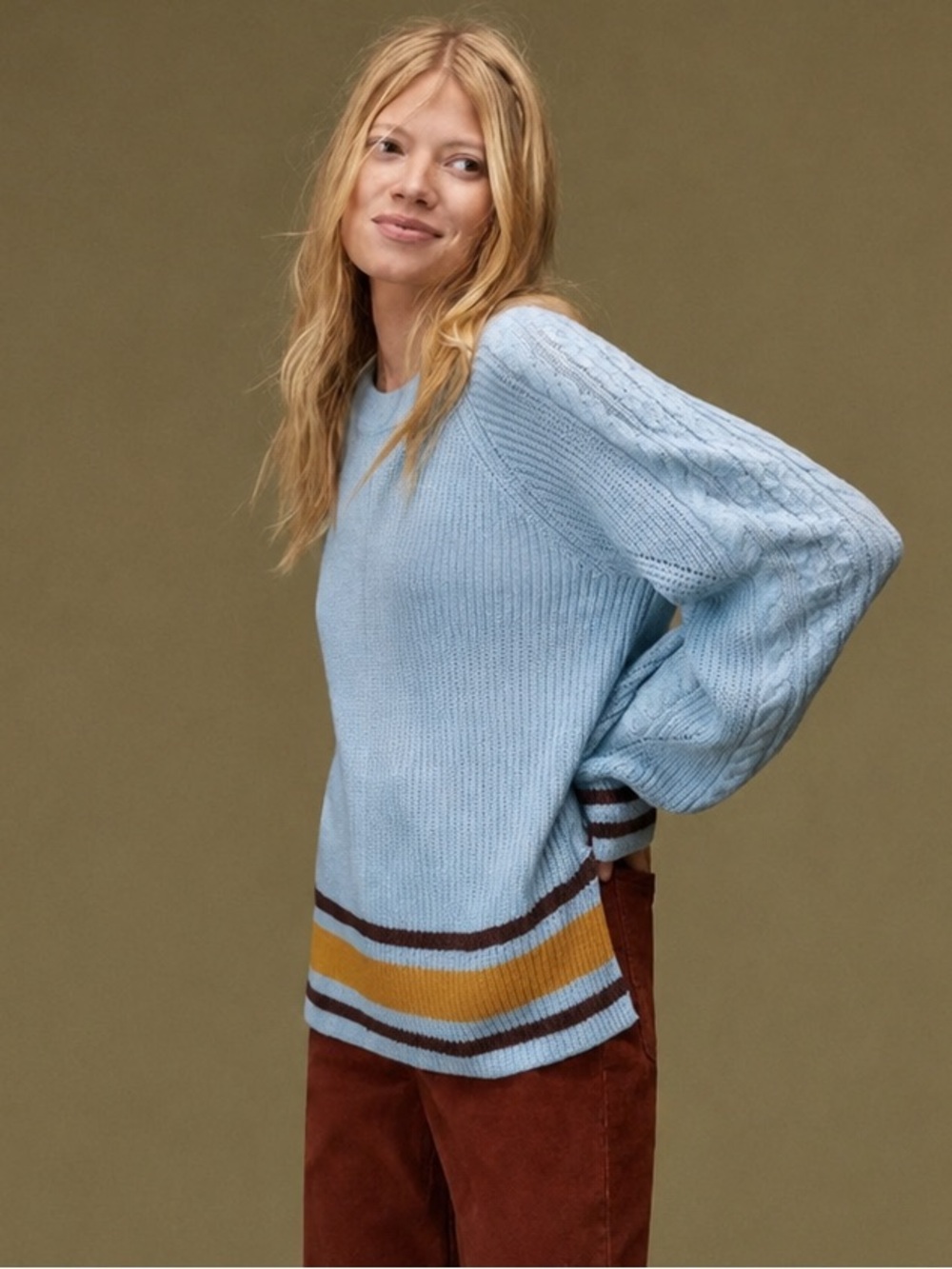 Anthropologie Sky Striped Sweater Cable Knit Blue Collegiate Preppy Size S